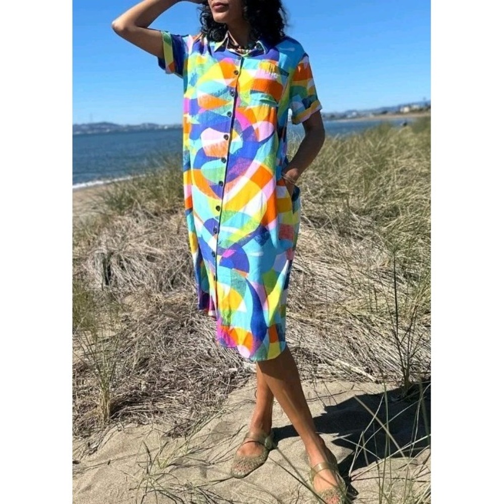 Nooworks River Heatwave Dress Midi Button Up Size M Flowy Colorful